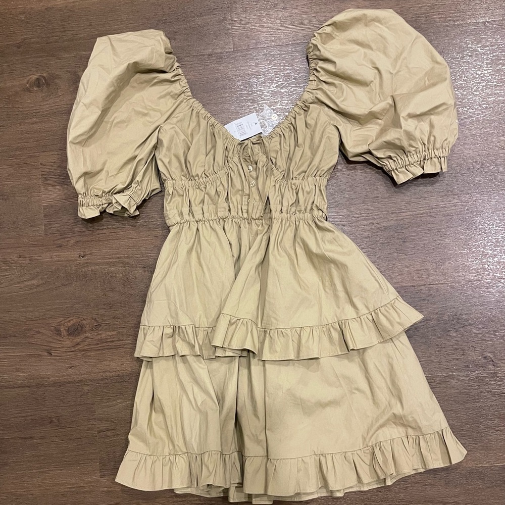 Tan Puff Sleeve Ruffle Dress - Picture 2 of 3